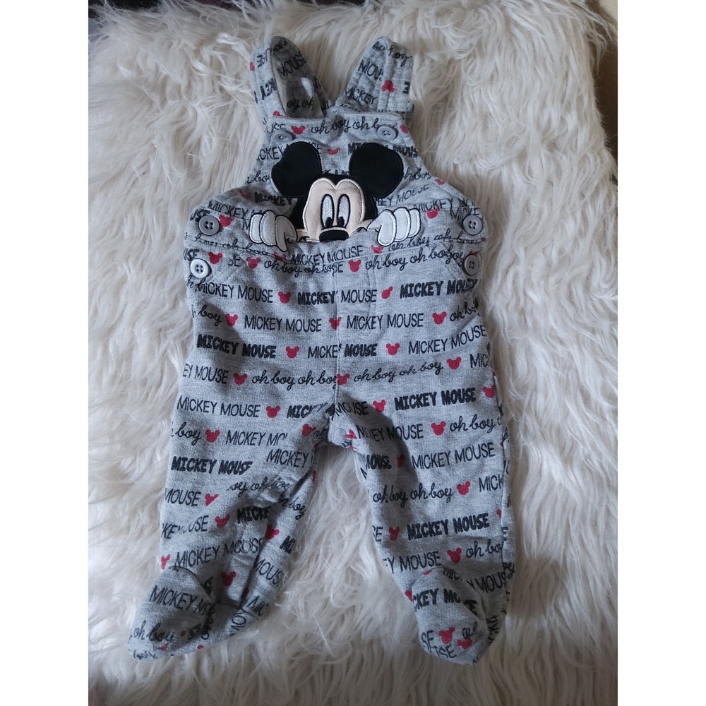 Disney Baby Mickey Mouse Gray Footed Overalls Jumpsuit 0-3M